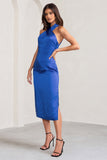 Dazzling Cobalt Blue Satin Cross Over Halter Neck Midi Dress