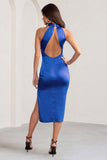 Dazzling Cobalt Blue Satin Cross Over Halter Neck Midi Dress