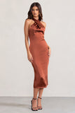 Dazzling Rust Satin Cross Over Halter Neck Midi Dress