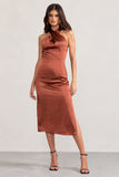 Dazzling Rust Satin Cross Over Halter Neck Midi Dress