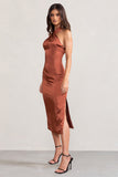 Dazzling Rust Satin Cross Over Halter Neck Midi Dress