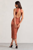 Dazzling Rust Satin Cross Over Halter Neck Midi Dress