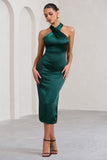 Dazzling Bottle Green Satin Cross Over Halter Neck Midi Dress