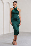 Dazzling Bottle Green Satin Cross Over Halter Neck Midi Dress