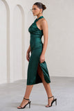 Dazzling Bottle Green Satin Cross Over Halter Neck Midi Dress