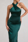 Dazzling Bottle Green Satin Cross Over Halter Neck Midi Dress