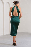 Dazzling Bottle Green Satin Cross Over Halter Neck Midi Dress