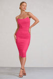 Negroni Hot Pink Bandeau Corset Ruched Mesh Midi Dress