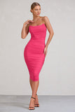 Negroni Hot Pink Bandeau Corset Ruched Mesh Midi Dress