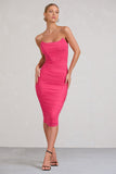Negroni Hot Pink Bandeau Corset Ruched Mesh Midi Dress