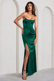 Sensual Notes Bottle Green Satin Strapless Corset Thigh Split Fishtail Maxi Dress