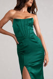 Sensual Notes Bottle Green Satin Strapless Corset Thigh Split Fishtail Maxi Dress