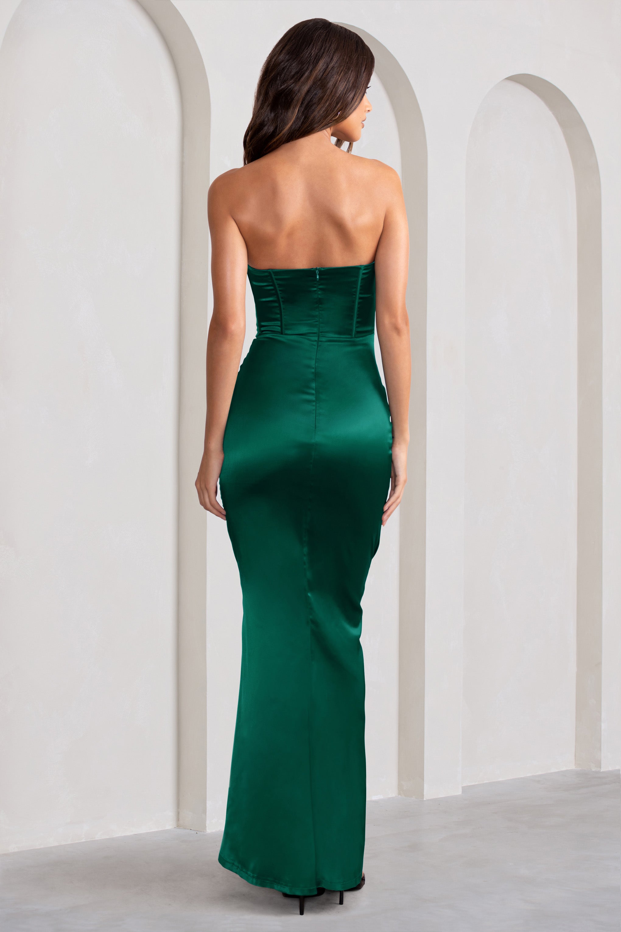 Sensual Notes Bottle Green Satin Strapless Corset Thigh Split Fishtail Maxi Dress