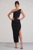 Celine Black Asymmetric One Shoulder Ruched Maxi Dress With Curved Cut Out