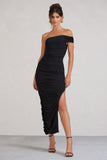Celine Black Asymmetric One Shoulder Ruched Maxi Dress With Curved Cut Out