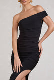 Celine Black Asymmetric One Shoulder Ruched Maxi Dress With Curved Cut Out