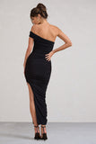 Celine Black Asymmetric One Shoulder Ruched Maxi Dress With Curved Cut Out
