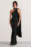 Mademoiselle Black Satin Asymmetric Scarf Neck Backless Maxi Dress