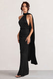 Mademoiselle Black Satin Asymmetric Scarf Neck Backless Maxi Dress