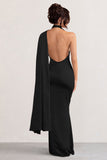 Mademoiselle Black Satin Asymmetric Scarf Neck Backless Maxi Dress