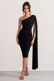Yara Black One Shoulder Cape Ruched Midi Dress