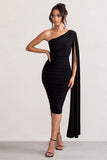 Yara Black One Shoulder Cape Ruched Midi Dress