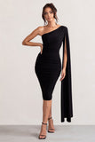 Yara Black One Shoulder Cape Ruched Midi Dress