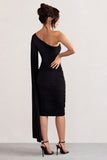 Yara Black One Shoulder Cape Ruched Midi Dress