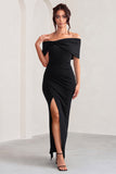 Eva Black Bardot Bow Detail Maxi Dress With Thigh Split