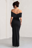 Eva Black Bardot Bow Detail Maxi Dress With Thigh Split