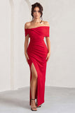Eva Red Bardot Bow Detail Maxi Dress With Thigh Split