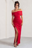 Eva Red Bardot Bow Detail Maxi Dress With Thigh Split
