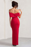 Eva Red Bardot Bow Detail Maxi Dress With Thigh Split