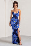 Farah Blue Floral Print Plunge Neck Maxi Dress With Split Detail