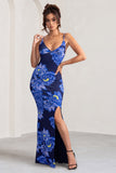 Farah Blue Floral Print Plunge Neck Maxi Dress With Split Detail
