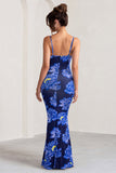 Farah Blue Floral Print Plunge Neck Maxi Dress With Split Detail