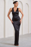 Emery Black Satin Plunge Neck Strappy Back Maxi Dress