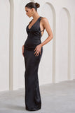 Emery Black Satin Plunge Neck Strappy Back Maxi Dress