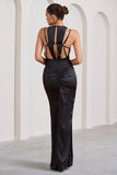 Emery Black Satin Plunge Neck Strappy Back Maxi Dress
