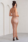 Kendall Gold Sequin Plunge Neckline Ruched Maxi Dress With Wrap Detail