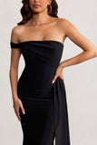 Aaliyah Black Asymmetric Bardot Maxi Dress with Drape