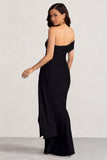 Aaliyah Black Asymmetric Bardot Maxi Dress with Drape