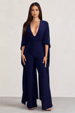 Anais Navy Plunge Jumpsuit with Cape