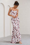Adele White Floral Print Backless Ruched Fishtail Cami Maxi Dress