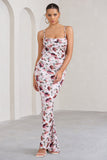 Flute White Floral Bodycon Maxi Dress With Ruched Ruffled Back