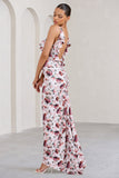 Flute White Floral Bodycon Maxi Dress With Ruched Ruffled Back