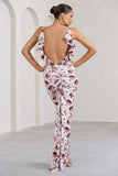 Flute White Floral Bodycon Maxi Dress With Ruched Ruffled Back
