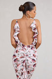 Flute White Floral Bodycon Maxi Dress With Ruched Ruffled Back
