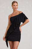 Parfait Black Asymmetric Ruched Mini Dress With Statement Ruffles