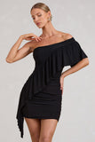 Parfait Black Asymmetric Ruched Mini Dress With Statement Ruffles